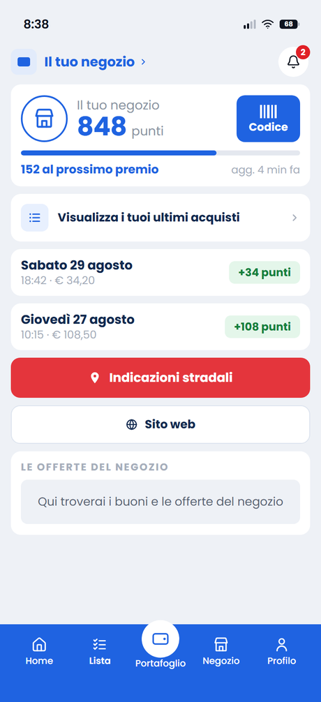 La pagina del negozio dentro DiCard su iPhone